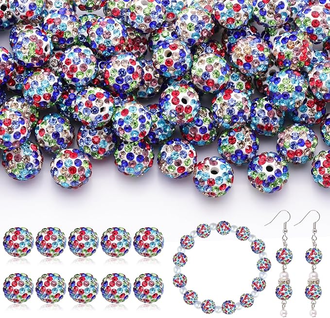 105pcs 10mm Rhinestone Beads for Jewelry Making, White Mixed Shiny Round Disco Ball Beads Bulk, Sparkle Crystal Clay Christmas for Bracelet Baseball Necklace Earring Crafting and DIY
