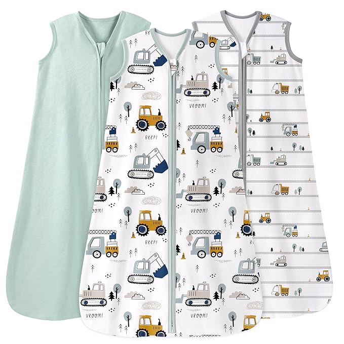 Baby Sleep Sack 6-12 Months 0.5 Tog Wearable Blanket Baby, 3 Pack 100% Cotton Lightweight Sleeping Sack with 2-Way Zipper for Newborn Infant Excavator