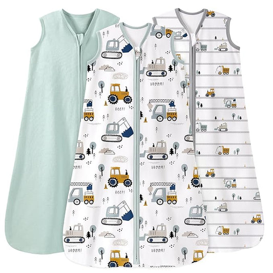 Baby Sleep Sack 0-6 Months 0.5 Tog Wearable Blanket Baby, 3 Pack 100% Cotton Lightweight Sleeping Sack with 2-Way Zipper for Newborn Infant Excavator