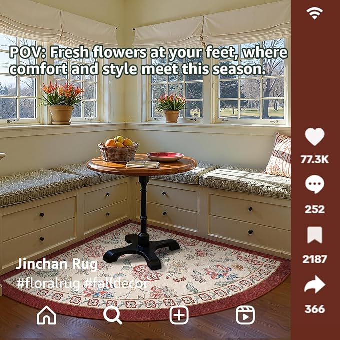 jinchan Floral Corner Rug for Living Room Washable Bedroom Rug Vintage Romance Design Non Slip Quarter Circle Lightweight Low-Pile Throw Carpet for Reading Nook Playroom,6ft Radius, Red/Beige