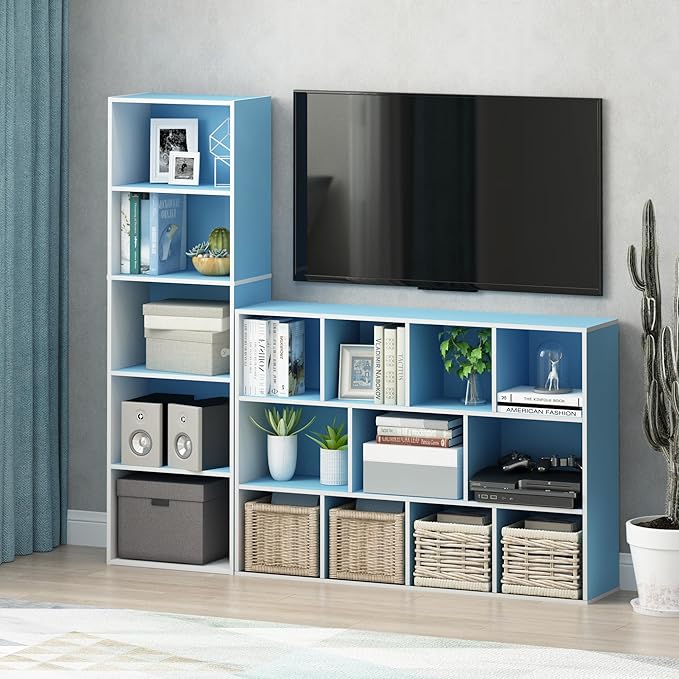 Furinno Luder Bookcase / Book / Storage , 5-Tier, White / Light Blue