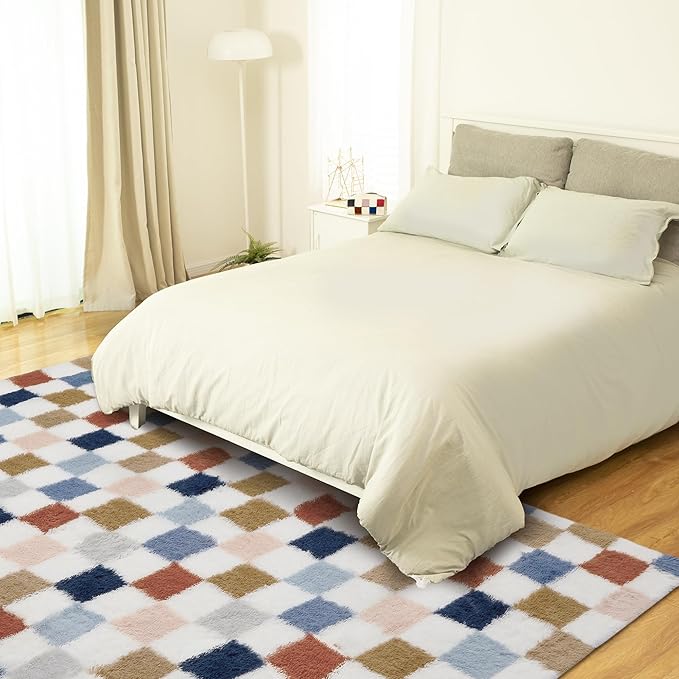 Super Soft Rug for Bedroom, 6x9 Ft Rainbow Area Rug Classic Checkered Shaggy Rug Anti-Skid High Pile Soft Fluffy Fuzzy Carpet for Living Room Bedroom Kids Room Nursery, Dorm Home Decor