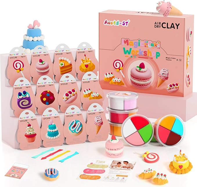Air Dry Clay Kit - Cake Themed, Modeling Clay for Kids, DIY Model Magic Clay with Sculpting Tools and Tutorials, 12 Boxes Molding Clay, Ultra Light, Soft & Non-Toxic, Arts and Crafts Gift for Kids