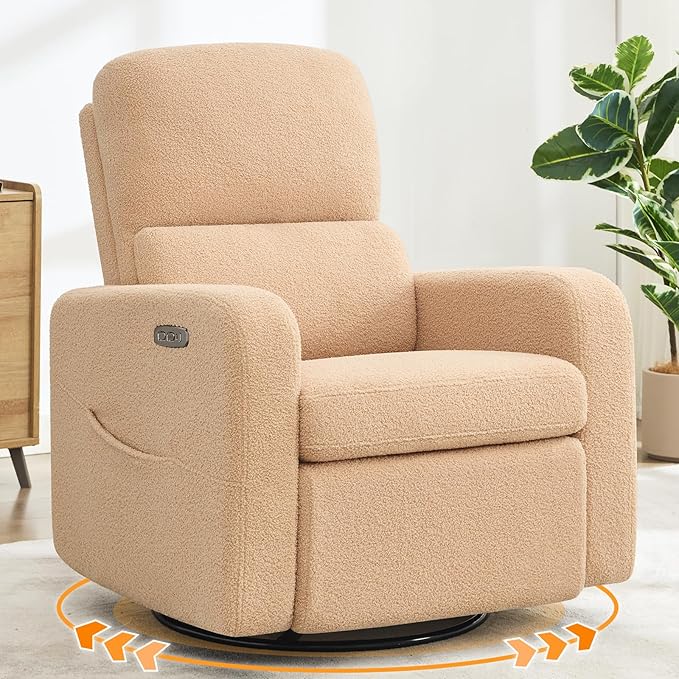 Swivel Rocker Recliner, Oversized Power Nursery Recliner Chair, Swivel Glider Reclienr with Removable Cushion, Upholstered Boucle Recling Chair for Nursery Living Room Bedroom, Teddy Camel