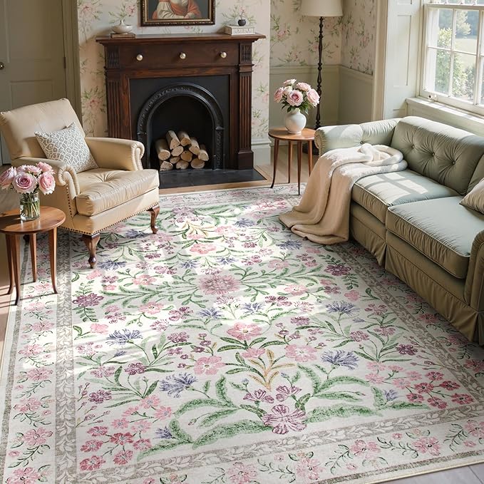 Wonnitar Purple Floral 8x10 Area Rugs, Washable Rug for Living Room, Soft Ultra-Thin Non-Shedding Large Indoor Boho Carpet for Bedroom Nursery Playroom Classroom Decor, Light Purple/Pink