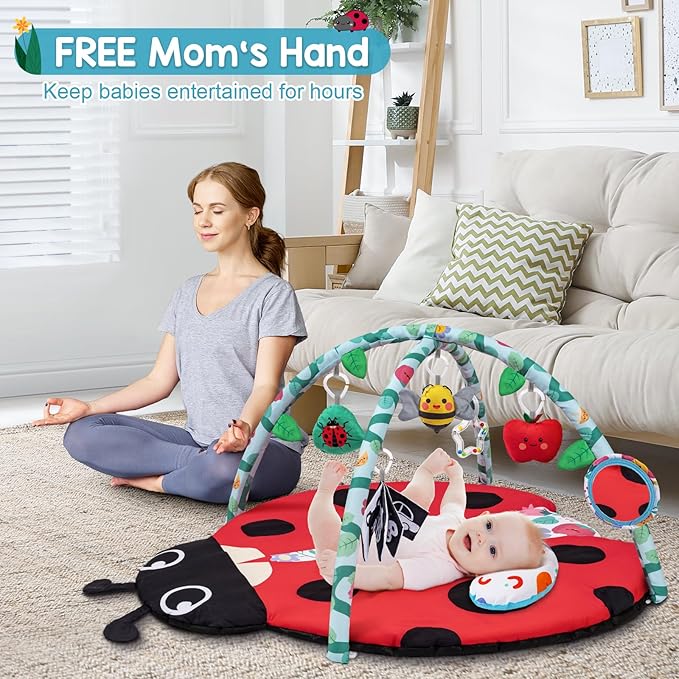 Jyusmile Baby Play Gym Mat, 8-in-1 Tummy Time Mat with 6 Toys, Washable Baby Activity Mat for Visual, Hearing, Sensory, Motor Development, Baby Essentials Gift for Newborn Infant 0-3-6-9-12 Months