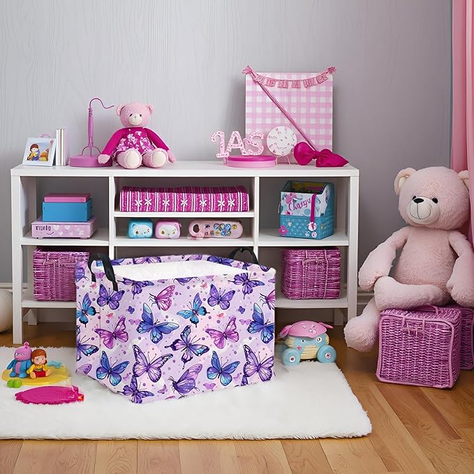 HIYAGON Rectangular Butterfly Basket Baby Storage Basket Storage Bin Organizer Box Room Decor(Purple Butterfly)