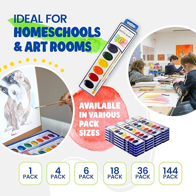 Color Swell 144 Set Bulk Watercolor Paint Pack with Wood Brushes 8 Colors Washable Water Colors Perfect for Kids Classroom Parties Students All Ages