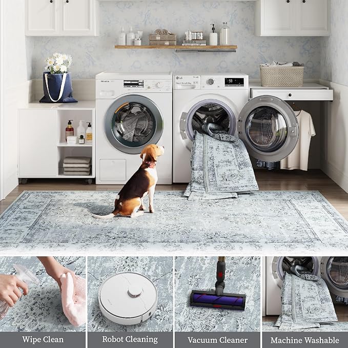 jinchan Runner Rug 2x5 Washable Hallway Runner- Vintage Floral Non Slip Low-Pile Soft Thin Kitchen Rug Distressed Carpet for Farmhouse Bedroom Entryway Laundry Room(2x5ft,Grey)