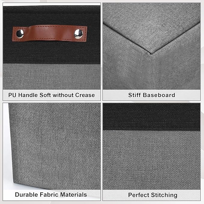 Large Fabric Storage Baskets | 50L Storage Bins, Decorative Linen Closet Baskets with Handles for Organizing, Shelf, Toys, Clothes, Home, Office, Nursery, 17x12x15Inches (Gray&Black)