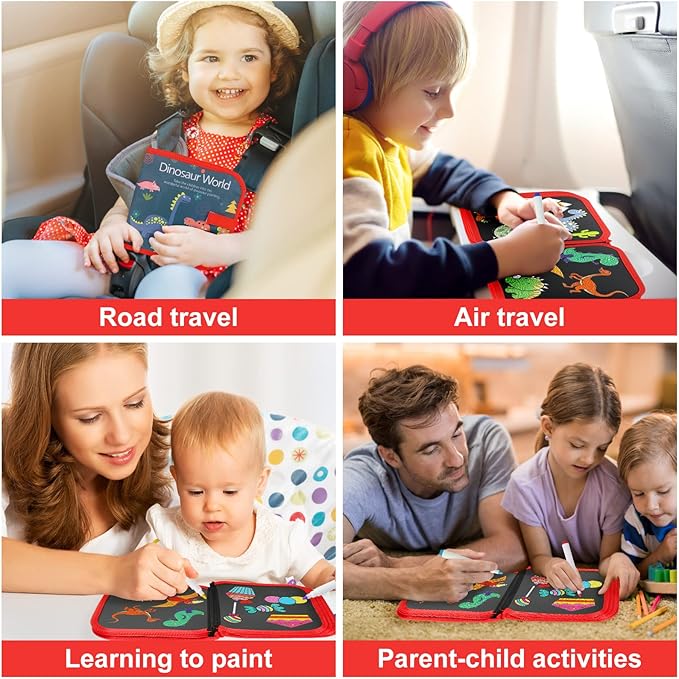 Erasable Doodle Set for Kids - Magic Drawing Book With 12 Watercolor Pens, 14 Page Reusable Drawing, Road Trip Car Game Writing Painting Set for Boys and Girls (Red)