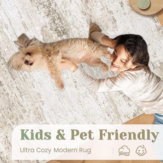 Washable Rug 6x9 Area Rugs for Living Room: Neutral Soft Rug Abstract Non Slip Low Pile Modern Carpet for Bedroom Kitchen Nursery Office Dining Room Indoor (Beige, 6'x9')