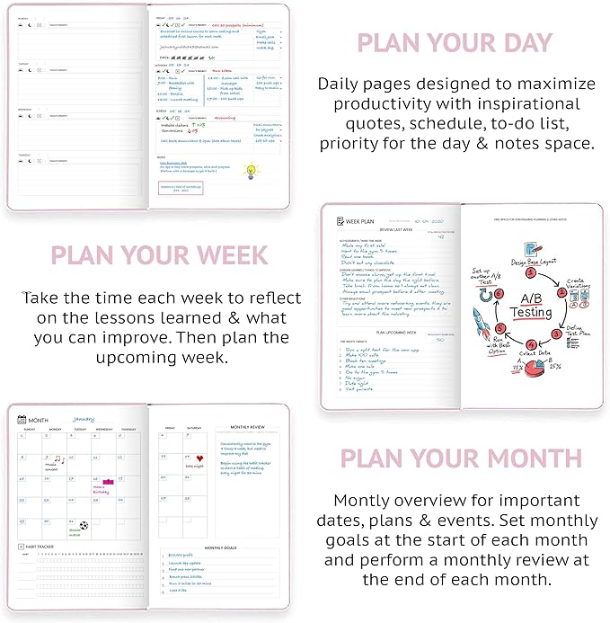 Undated Daily Planner – 1-Year B5 Productivity Organizer with Two-Page Weekly Spread, Goal Setting, Habit Tracker, Weekly & Monthly Pages – Hardcover Time Management Notebook (Pink)