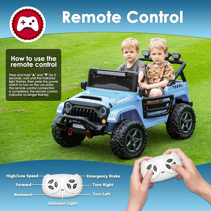 24V 2 Seater Ride On Truck with Remote Control 4WD Electric Car for Kids Ride On Car Battery Powered Ride On Toy Car with Music Player, LED Lights, Bluetooth, Rear Shock Absorber, Gray Blue
