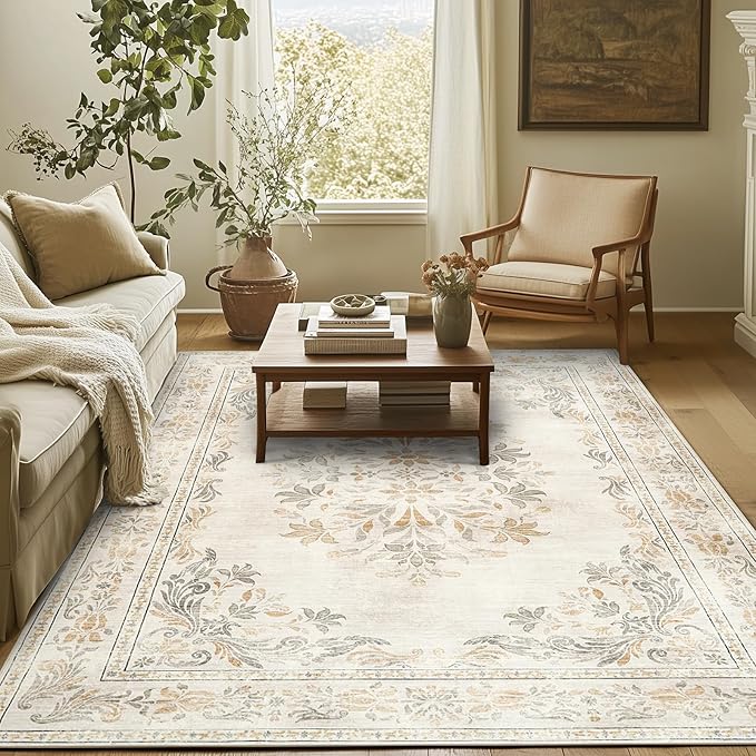 jinchan Vintage Floral 8x10 Area Rugs for Living Room - Machine Washable Distressed Design Soft Throw Rug Thin Non-Slip Large Carpet for Bedroom Nursery Dining Room Home Office (8x10ft,Light Grey)