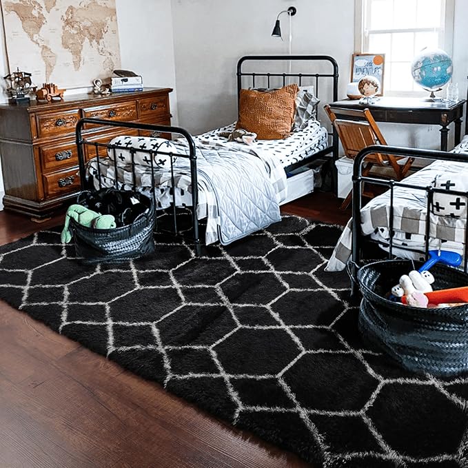ONASAR Area Rugs for Living Room Bedroom, 5x8 Washable Fluffy Black and White Rug, Geometric Boho Soft Plush Shaggy Fuzzy Floor Carpet for Nursery Kids Girls Boys Teen Dorm Home Decor Aesthetic