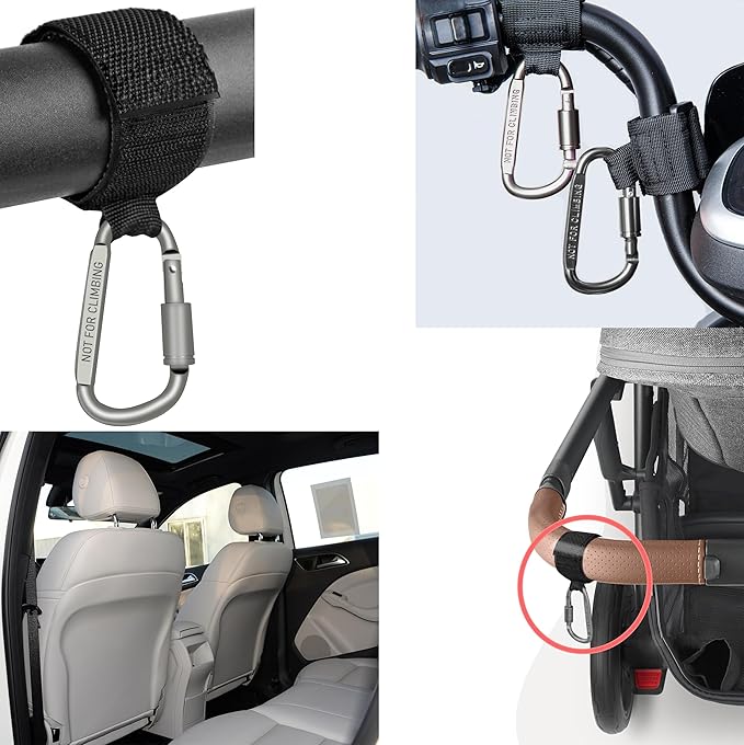 Baby Stroller Hook, Carry 30 lbs per Stroller Carabiner Clip, Adjustable Baby Stroller & Car Seat Hook for Hanging Diaper Bag, Wheelchair,Golf cart, Shopping and Pet Cart(2 Pcs Orange)