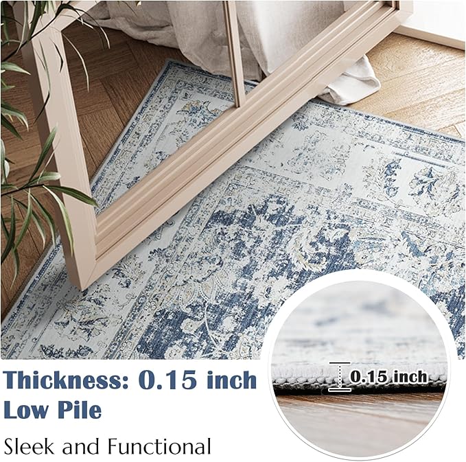 jinchan Floral 3x5 Area Rugs for Entryway - Machine Washable Taupe Vintage Distressed Design Doormat Non-Slip Ultra-Thin Low Pile Boho Rug for Kitchen Living Room Bedroom Farmhouse (3‘x5',Dark Blue)