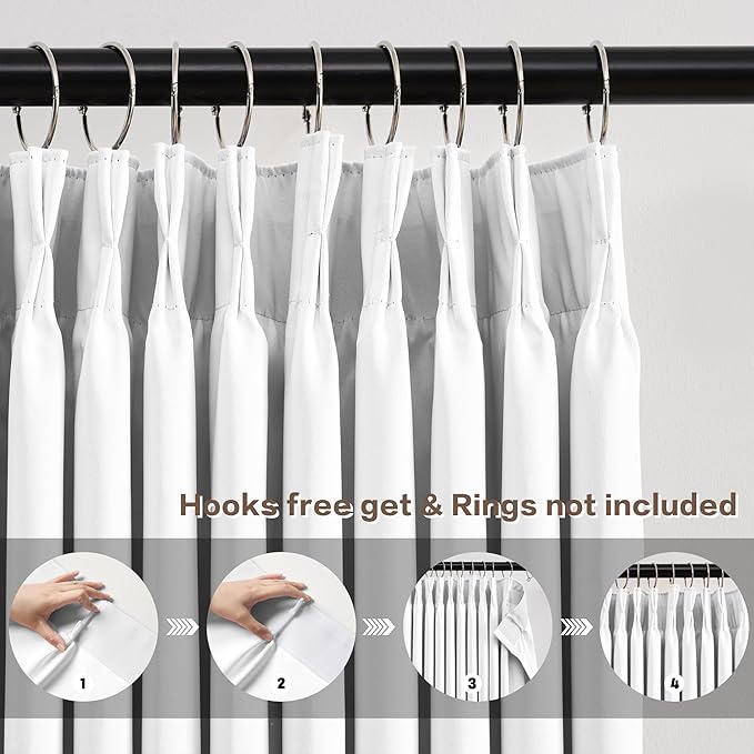 KEQIAOSUOCAI Pleated White Curtains 63 Inches Long,Half Blackout Room Darkening Short Window Curtain 63 Inch Length 2 Panel Set,Pinch Pleated Curtains with Hooks,40 by 63,Set of 2