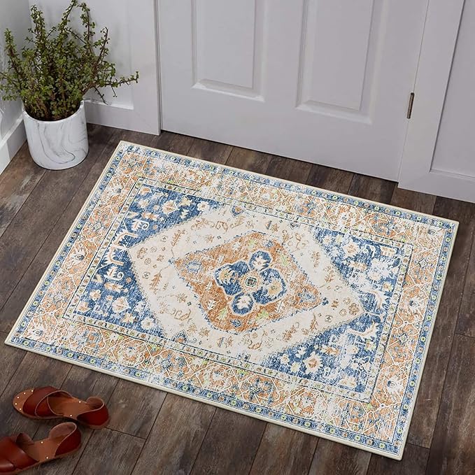 Lahome Boho Small Entryway Rug - 2x3 Non-Slip Washable Rugs for Kitchen Oriental Throw Ultra-Thin Area Rugs for Bedroom Accent Distressed Blue Floor Doormat Carpet for Bathroom Laundry Living Room