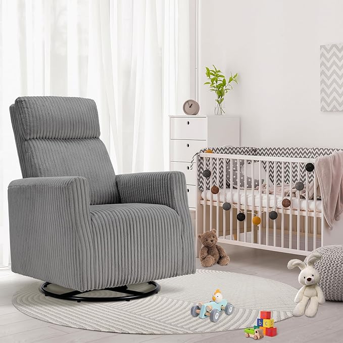 CANMOV Swivel Rocker Chair Set of 2, Swivel Accent Chair with High Back and Arms, Corduroy Glider Chair for Living Room Bedroom Nursery, Grey