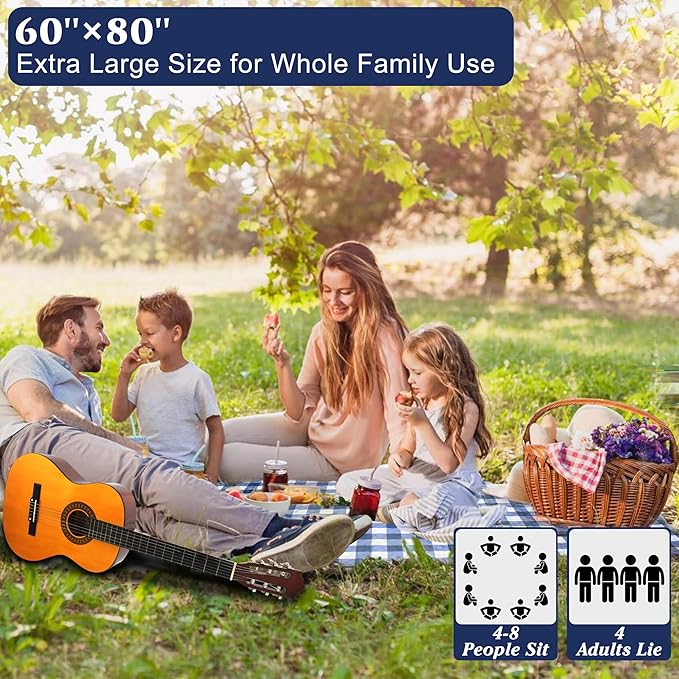 HX&OD Outdoor Picnic Blanket, Extra Large, 80''x60'' Waterproof Foldable Blankets Gingham Picnic Mat for Beach, Camping Grass Lawn Park Accessories Cute Couple Ideas Wedding (Blue, 80”x60”)