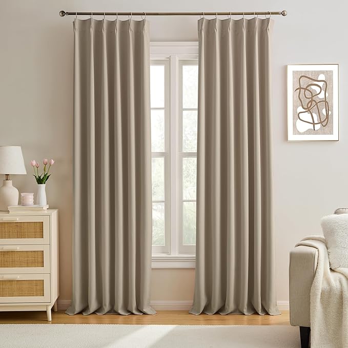 KEQIAOSUOCAI Pinch Pleated Curtains 144 Inch Long 12 FT Tall Curtains for Living Room Bedroom Thermal Memory Trained Pleated Viral Window Drapes with Hooks(Khaki,40W x 144L x 2 Panels)