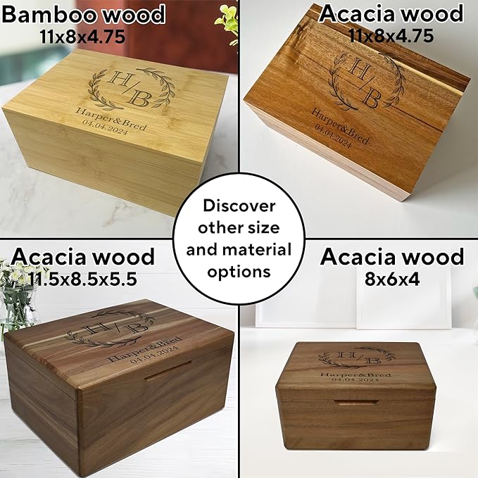 Personalized Wedding Keepsake Box Large - Acacia Wood Relationship Memory Box for Couples Keepsake, Custom Bridal Shower Gift, Engagement Gift Couple Wooden Gift Time Capsule, 11.5x8.5x5.5 in