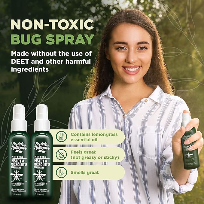 Deet-Free Insect & Mosquito Repellent Pack of 2 (8 oz) – Nice Smelling Insect Repellent with Lemongrass Oil Safe for Pets and Kids – Bug Spray for Mosquitoes, Gnats, Black Flies, and No-See-ums