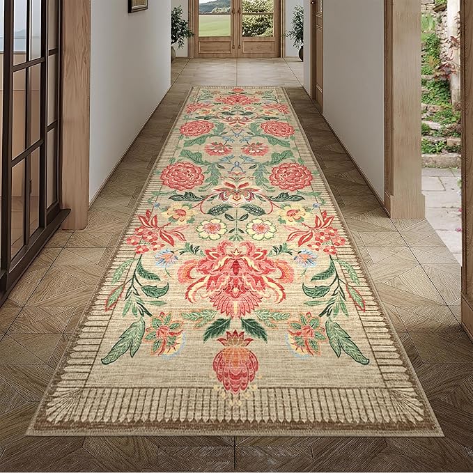 GarveeHome Floral 2x6 Washable Kitchen Runner Rugs Non Slip Camel Taupe Brown Vintage Boho Cottage Long Rug for Hallways Bedroom Entryway Bathroom Mat with Rubber Back
