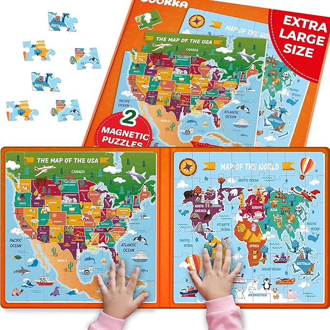 QUOKKA Magnetic Puzzles for Toddlers 4-6 - 2x48 Travel Puzzles Games for Kids Ages 3-5 - USA & World Maps Car Activities Toy for Boys and Girls - United States Learning Magnet for Road Trip