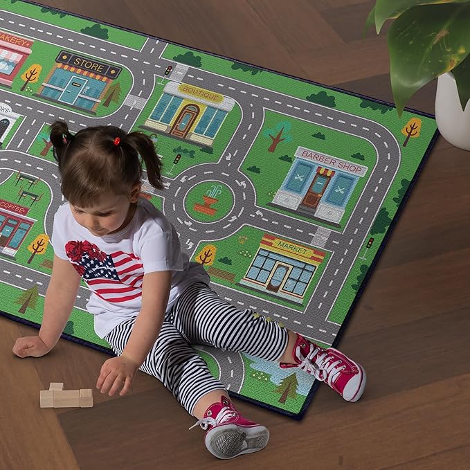 Play Rug for Playroom 2x3 Car Mat Town City Road Map for Boys Bedroom Fun Car Play Area Carpet Non-Slip Washable