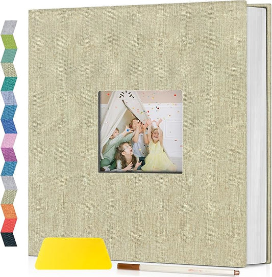 Popotop Photo Album Self Adhesive with Picture Display Window,60 Pages DIY Scrapbooking Supplies Kit for 4x6 10x12 Picture,Linen Cover Memory Book for Baby Wedding, with Scraper and Metallic Pen