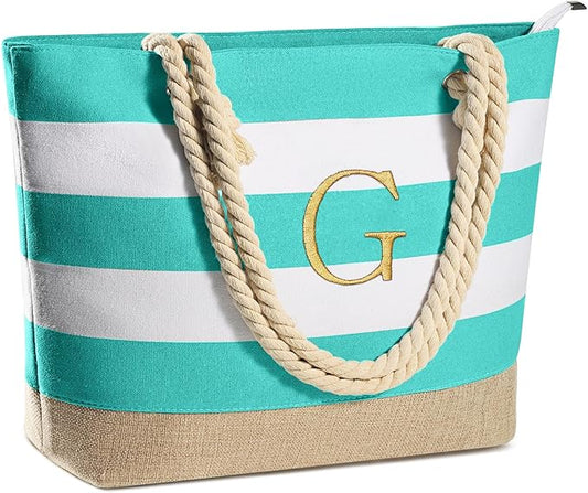 YOOLIFE Initial Canvas Waterproof Beach Tote Bag Zipper Personalized Gifts for Women Her Birthday Travel Beach Essential