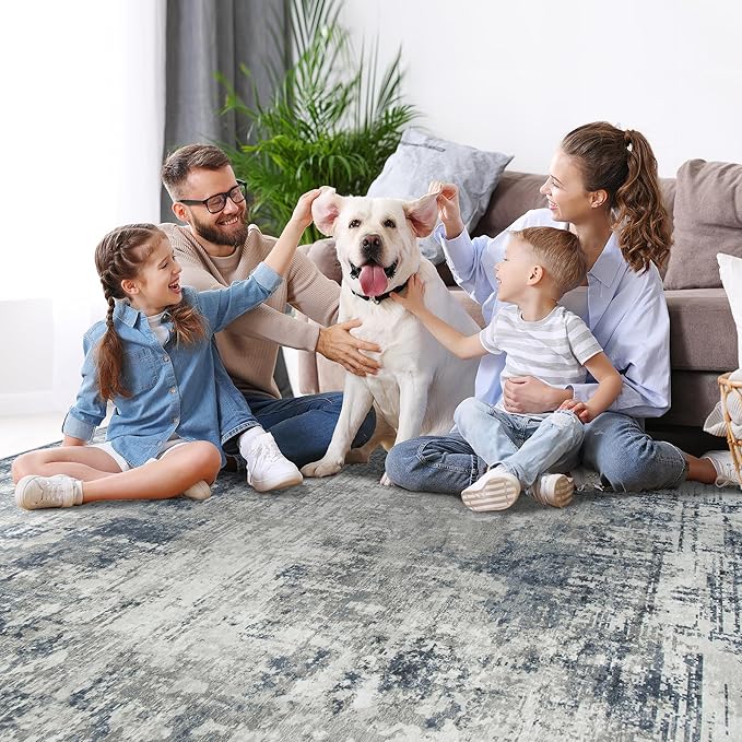 5x7 Area Rugs for Living Room Rug Washable: Modern Rug for Dining Room Bedroom Carpet Non Slip Low Pile 5 by 7 Indoor Abstract Nursery Home Office Blue Grey
