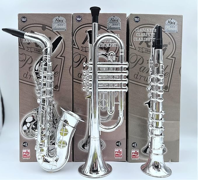 Toy Instruments Set Trumpet, Saxophone and Clarient with Standard Keys in Perfect Pitch are Easy and intuitive to Create Real Music. Instruments Measures 16 inches in Length.