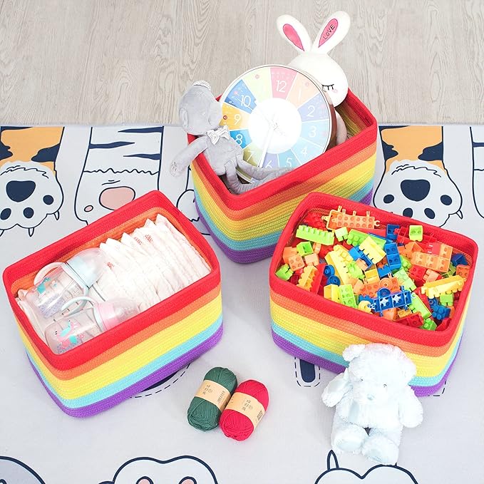 MINTWOOD Design 3-Pack Storage Baskets for Shelves, Playroom and Classroom, Book Basket, Decorative Storage Cube Bins, Woven Closet Organizers, Pantry and Shoe Organizer, Rainbow