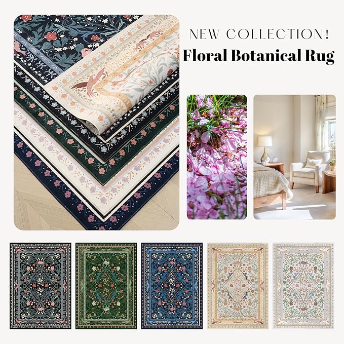 Area Rug 4x6 Rug Washable Vintage Floral Botanical Rugs Non Slip Low Pile Small Carpet for Bedroom, Bedside, Kids Room, Office, Dining Room, Green