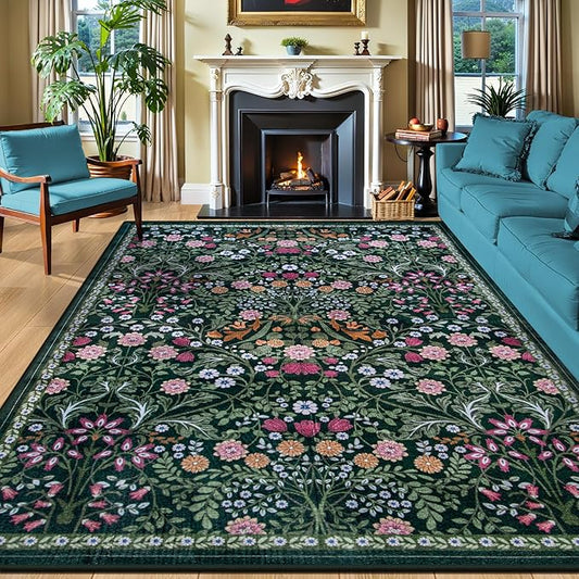 10x12 Area Rugs for Living Room: Floral Washable Rug Vintage Large Soft Boho Non-Slip Carpet Stain Resistant Low Pile Carpets for Bedroom Dining Room Farmhouse Nursery Hallway Home Office Dark Green