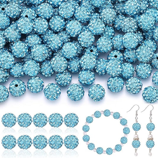 200pcs 10mm Rhinestone Beads for Jewelry Making, Aquamarine Shiny Round Disco Ball Beads Bulk, Sparkle Crystal Clay Christmas for Bracelet Baseball Necklace Earring Crafting and DIY