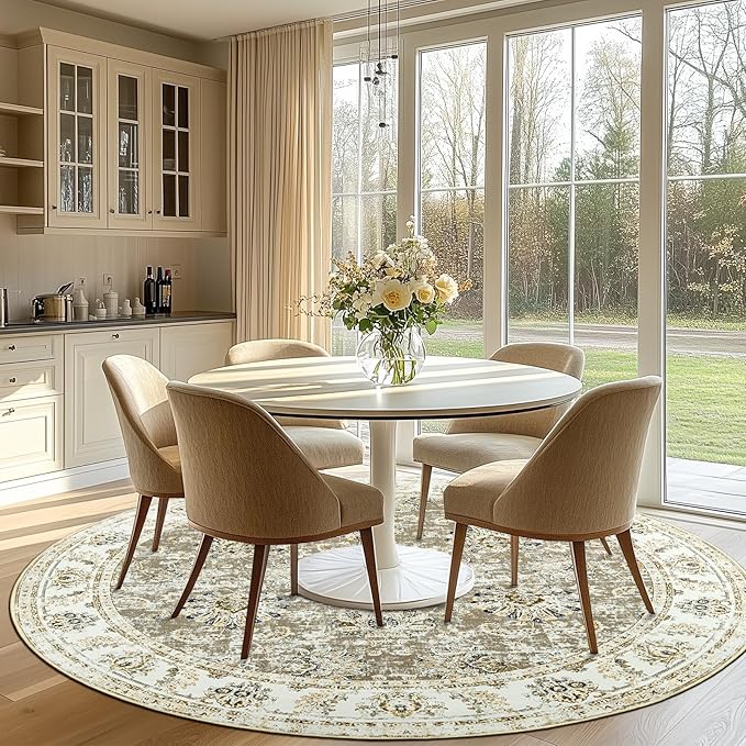 jinchan Round Rug 7ft Area Rugs - Vintage Floral Distressed Design Machine Washable Non-Slip Low-Pile Ultra-Thin Circle Rug for Living Room Dining Room Bedroom Home Office Farmhouse (7' Round,Taupe)