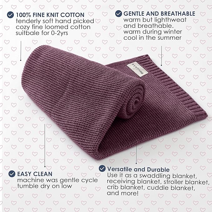 Heritage Knit Organic Cotton Receiving Swaddle Blanket for Girls - 100% Luxury Organic Cotton Knit Warm Cozy Crib Quilt Swaddle Blanket for Newborns Infants Babies & Toddlers (0-2Yrs - Sugar Plum)