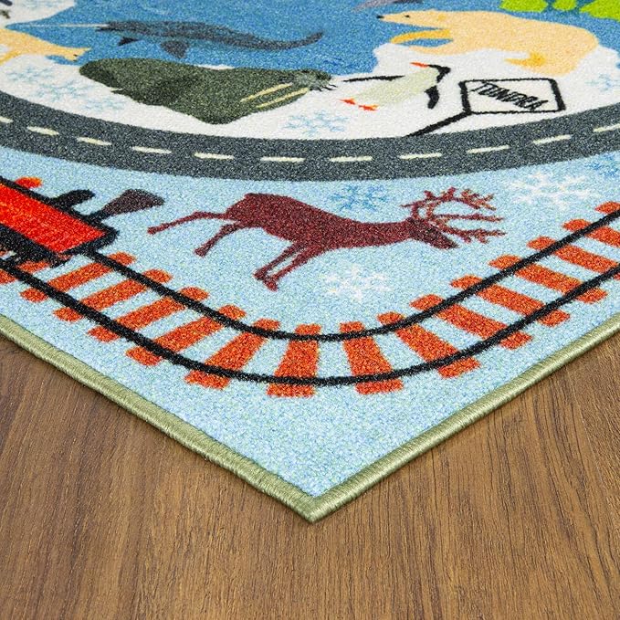 KC Cubs 5x7 Animal Safari Toy Car Road Rug – Educational Play Mat Carpet for Kids, Toddlers, Nursery, Classroom, Playroom, Baby Daycare, Boys & Girls