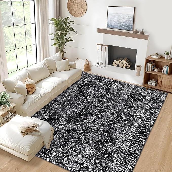 COZYLOOM Black Rug for Living Room 10x13 Machine Washable Area Rugs Modern Abstract Door Mats Non Slip Stain Resistant Geometric Accent Rug for Bedroom, Dining Room, Nursery