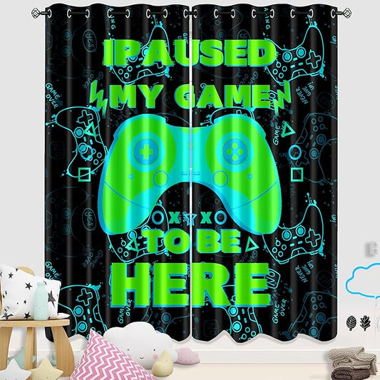 Gaming Gamepad Blackout Curtains - 2Pcs Game Windows Curtain Panels for Teens Boys Bedroom Green Gaming Console Curtains for Boys Kids Room Decor Grommet Top Thermal Insulated, 82 in x 84 in