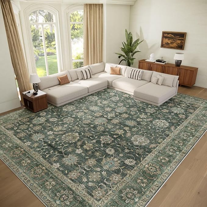 Washable 9x12 Area Rugs for Living Room, Boho Non-Slip Silicone Backing Rugs for Bedroom Dining Room Nursery Office, 0.3" Neutral Oriental Throw Carpet with 0.16" Cushioning Pad, Sage Green/Multi