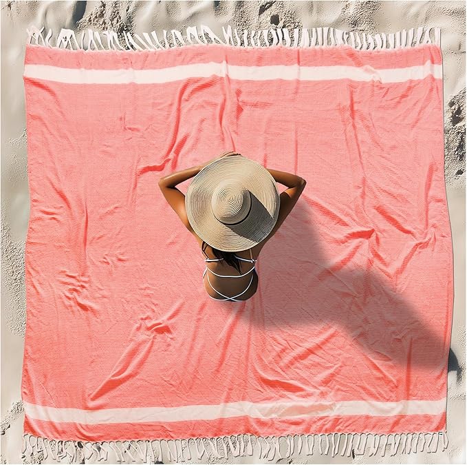 Oversized Turkish Beach Towel Blanket XXL Cotton Sandproof Towels Boho Woven Extra Large Big Sand Free Giant Throw Thick Blankets Huge Quilt XL Picnic Camping Necessities Cloud For Adult Gifts Coral