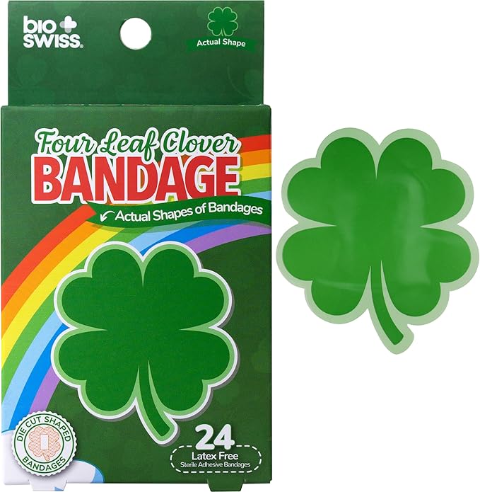 BioSwiss Bandages, 4 Leaf Clover Shaped Self Adhesive Bandage, Latex Free Wound Care, Fun First Aid Kit Supplies for Kids and Adults, 24 Count