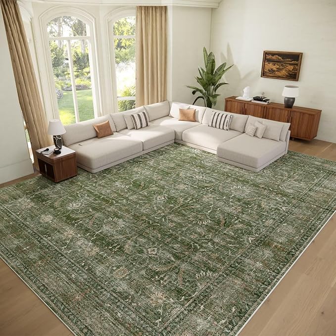Washable 10x14 Area Rugs for Living Room, Boho Non-Slip Silicone Backing Rugs for Bedroom Dining Room Office, 0.3" Neutral Oriental Throw Carpet with 0.16" Cushioning Pad, Grass Green/Multi