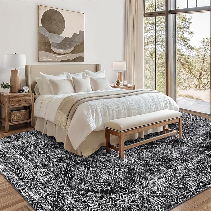 COZYLOOM Black Rug for Living Room 8x10 Washable Area Rugs Modern Abstract Floor Cover Non Slip Stain Resistant Geometric Mats Soft Throw Carpet for Nursery Bedroom Dining Room